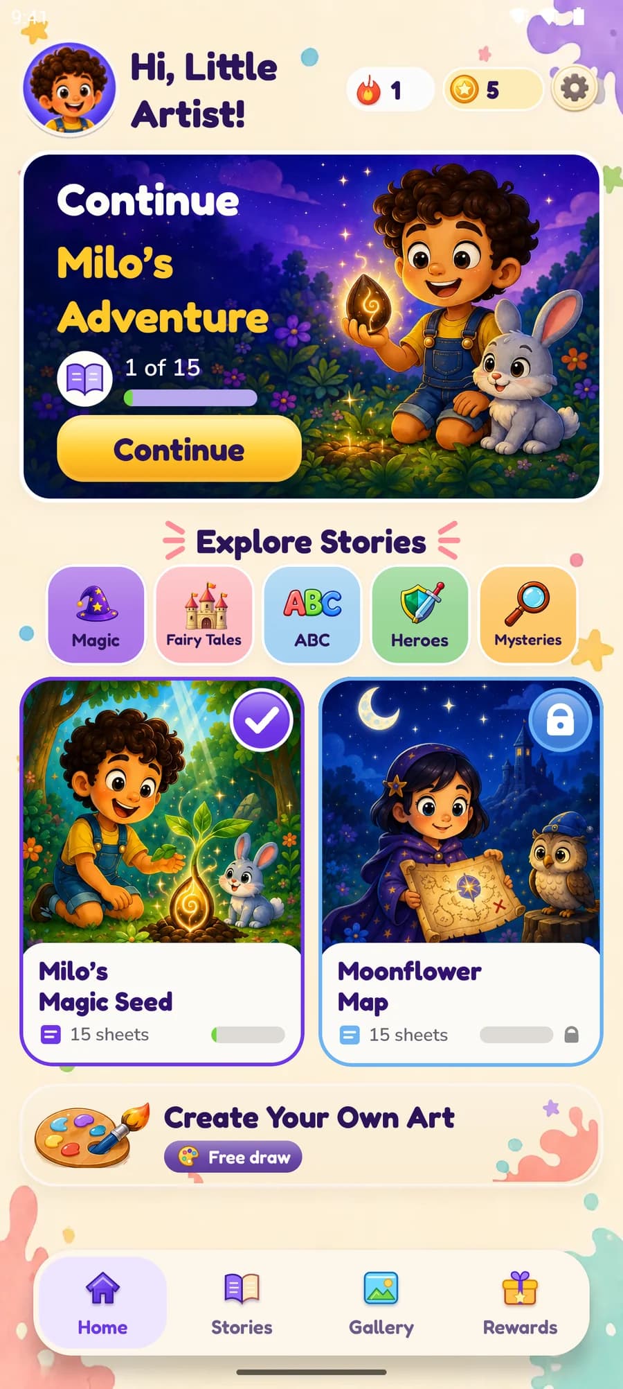 ColorFable home screen greeting the child, with Milo's adventure one sheet in, a coin balance, a streak, and story categories to explore